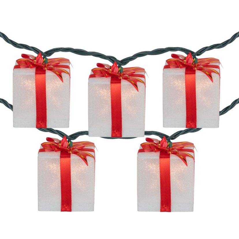 10-Count White and Red Christmas Present Light Set- 7.5ft Green Wire