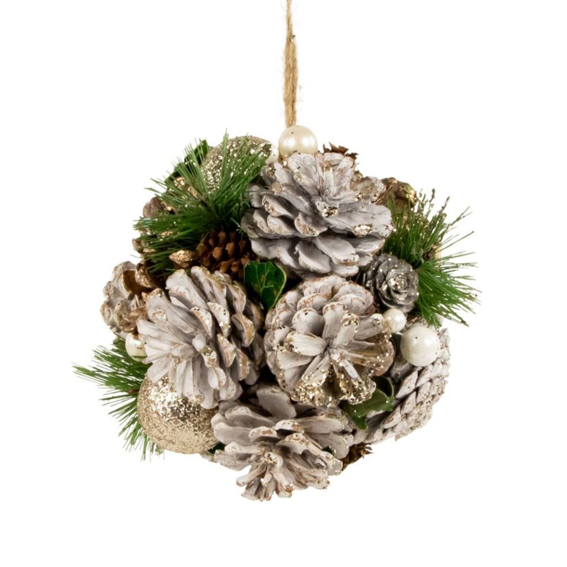 5.5inch Glittered Pine Needle and Pinecone Hanging Christmas Ball Ornament