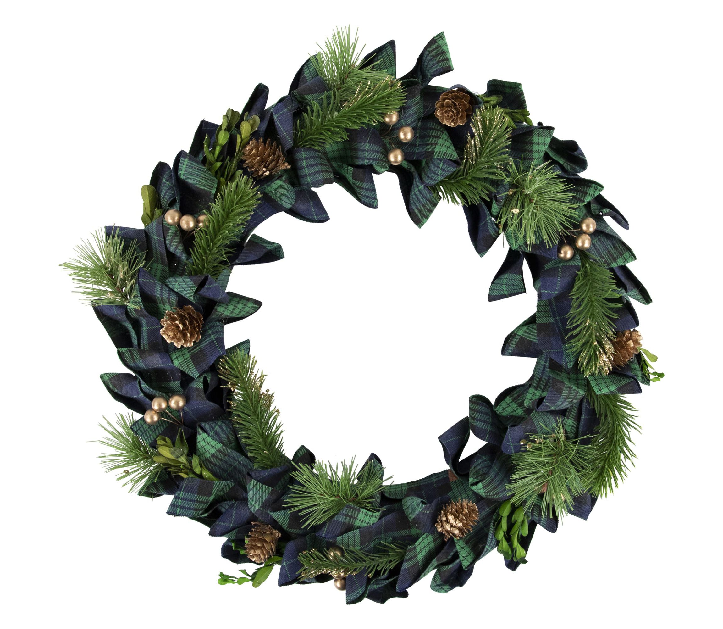 Blue and Green Plaid Bow Artificial Pine Christmas Wreath  17.75-Inch  Unlit
