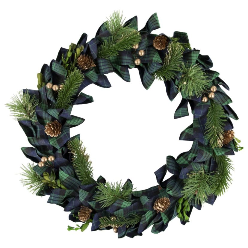 Blue and Green Plaid Bow Artificial Pine Christmas Wreath  17.75-Inch  Unlit