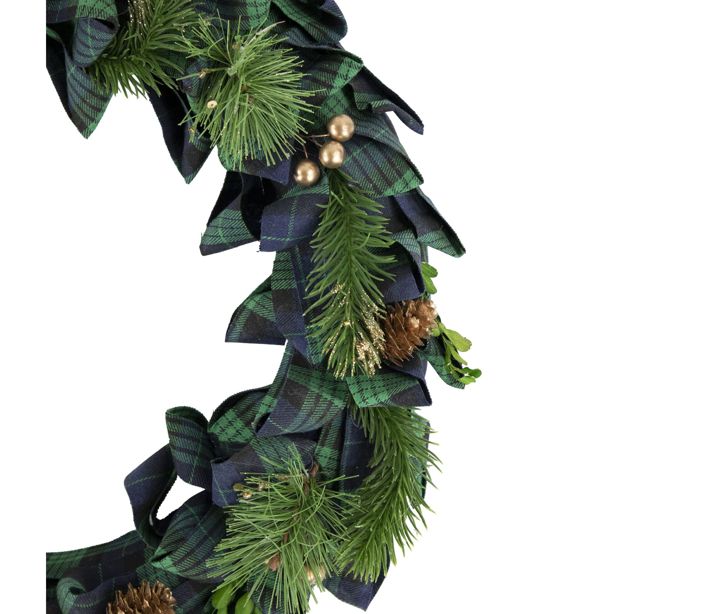 Blue and Green Plaid Bow Artificial Pine Christmas Wreath  17.75-Inch  Unlit