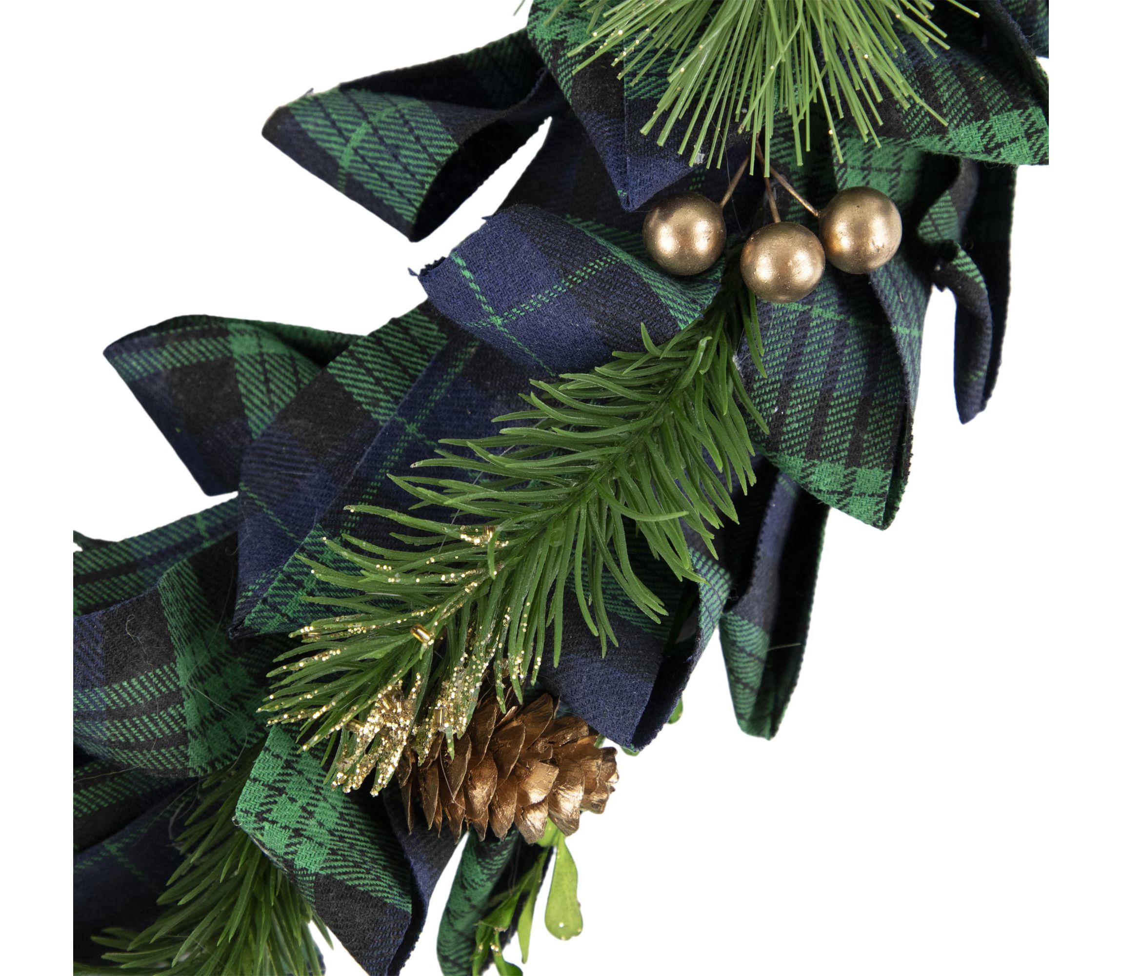 Blue and Green Plaid Bow Artificial Pine Christmas Wreath  17.75-Inch  Unlit