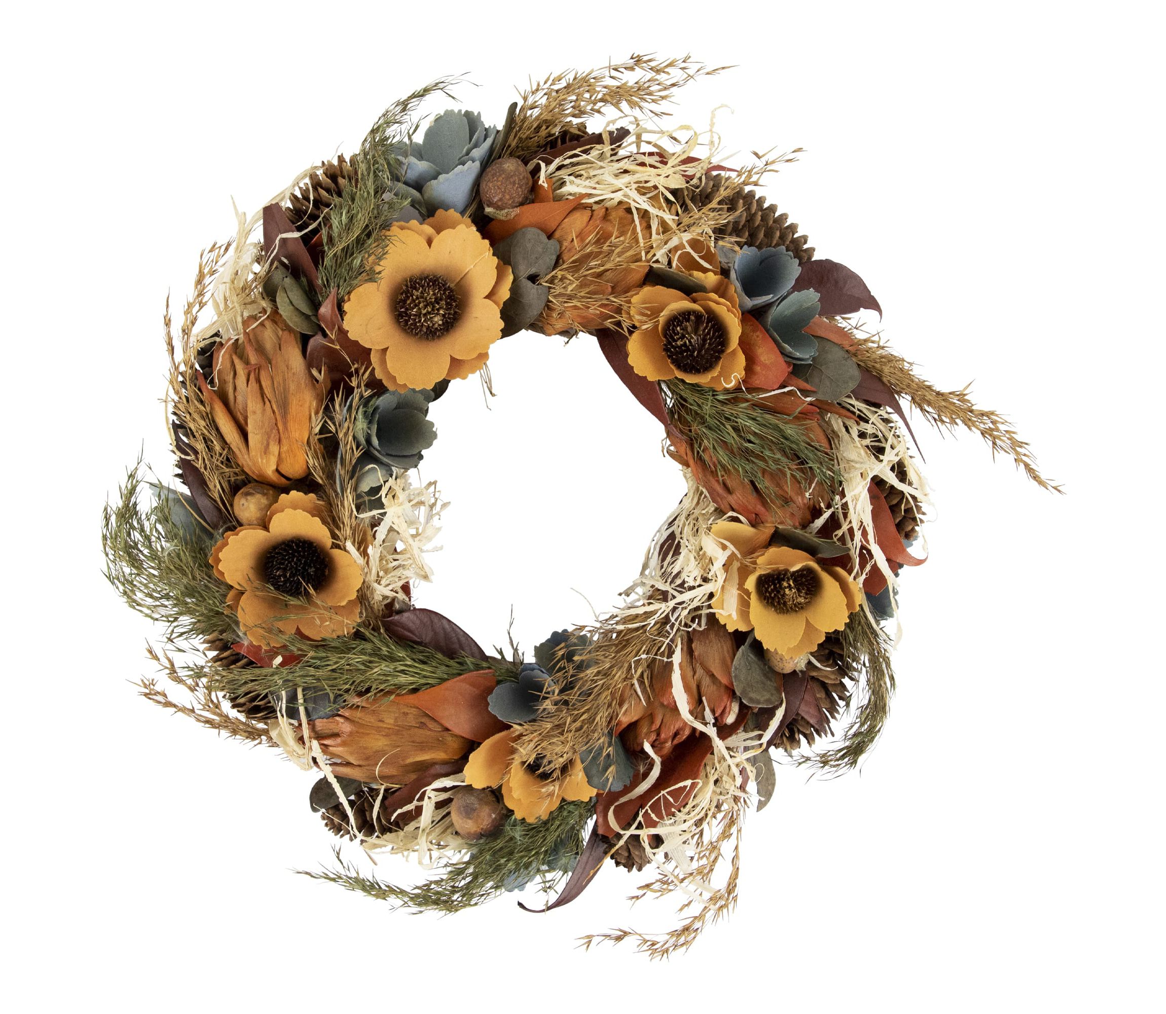 Sunflower and Straw Artificial Fall Harvest Wreath  12-Inch  Unlit