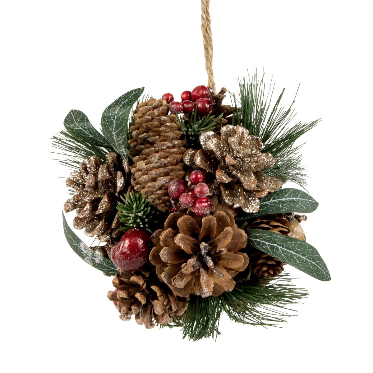 6inch Green Mixed Foliage Pinecone and Berries Hanging Christmas Ball Ornament