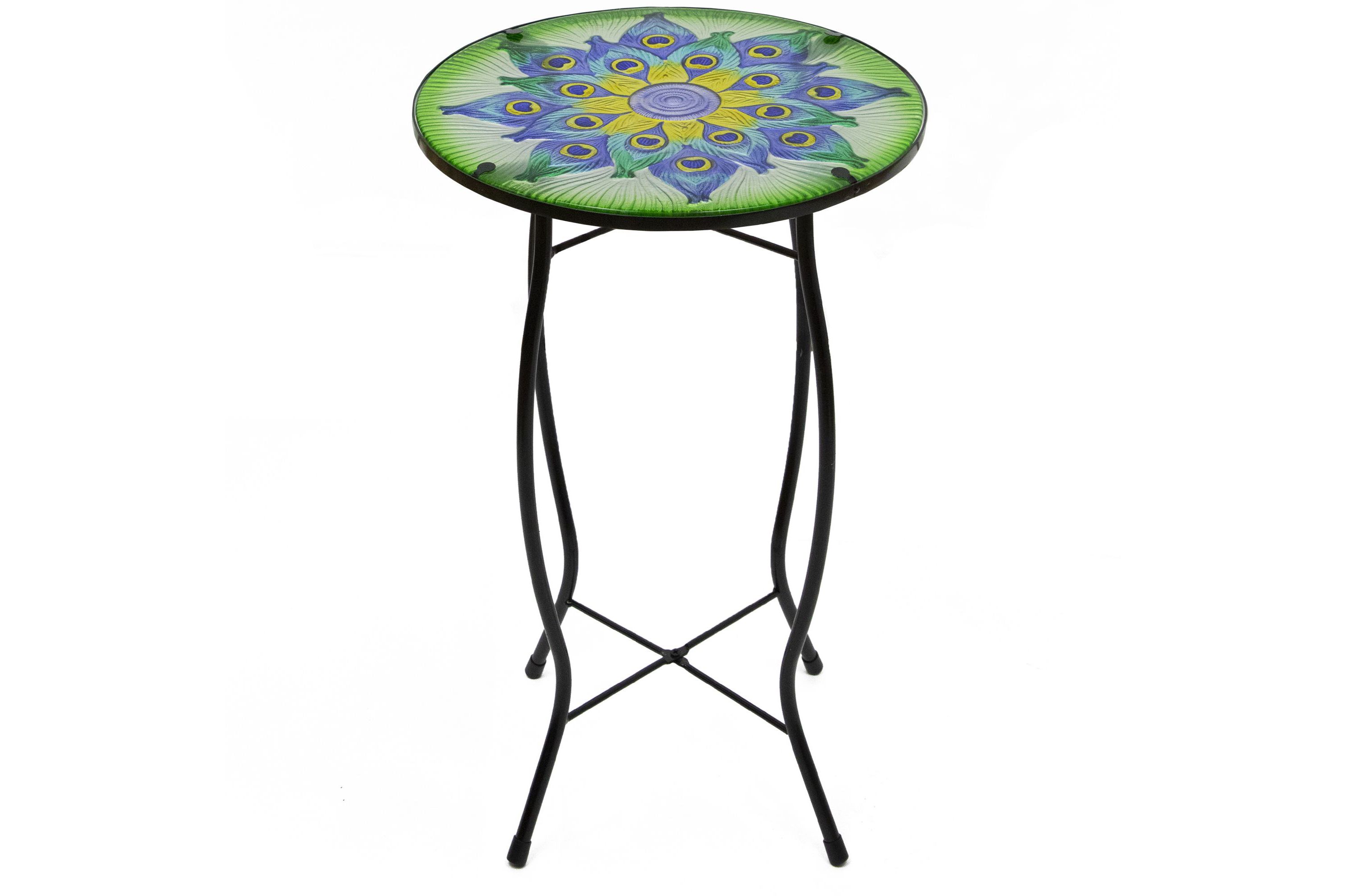 19" Green and Blue Peacock Flower Tail Glass Patio Side Table