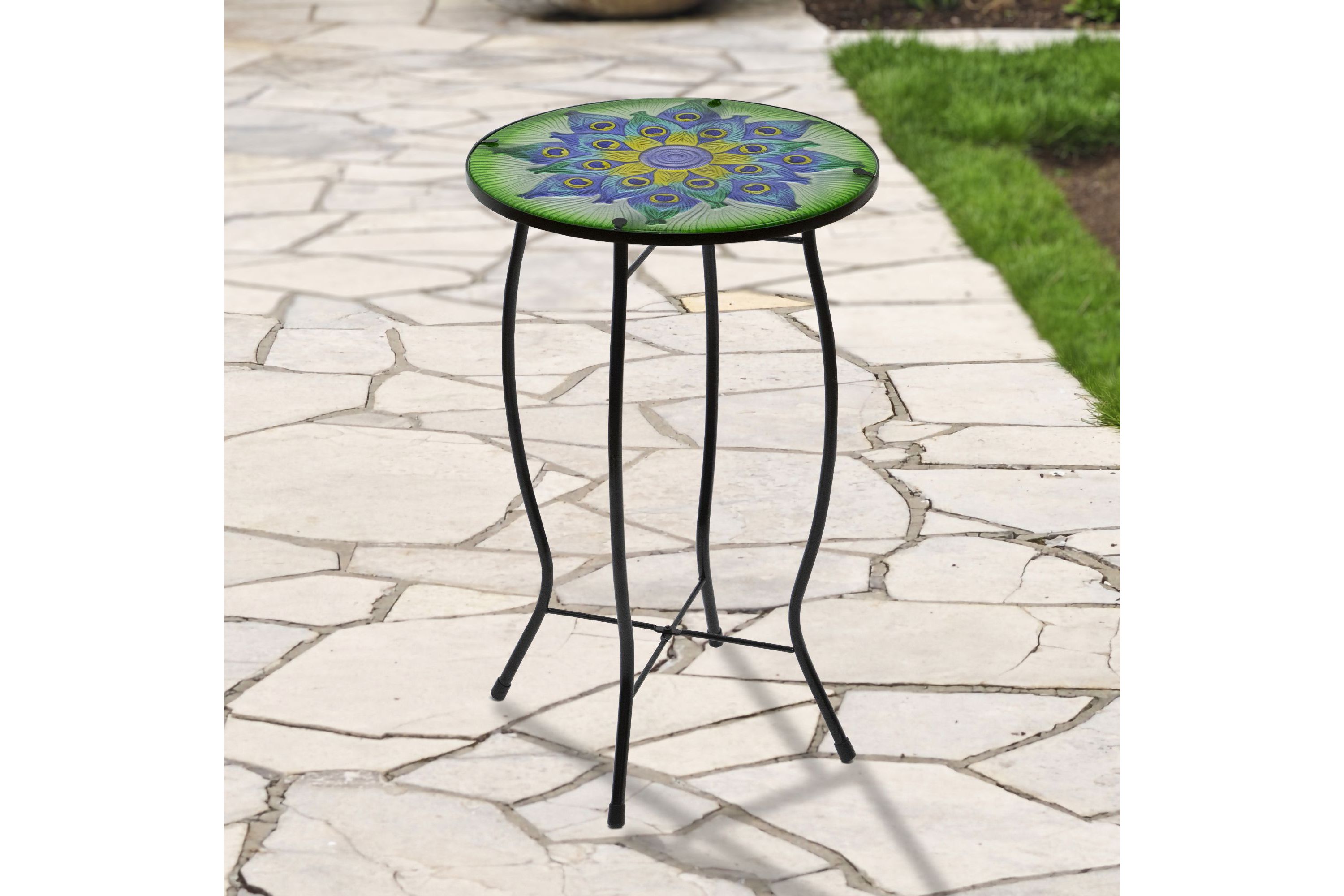 19" Green and Blue Peacock Flower Tail Glass Patio Side Table
