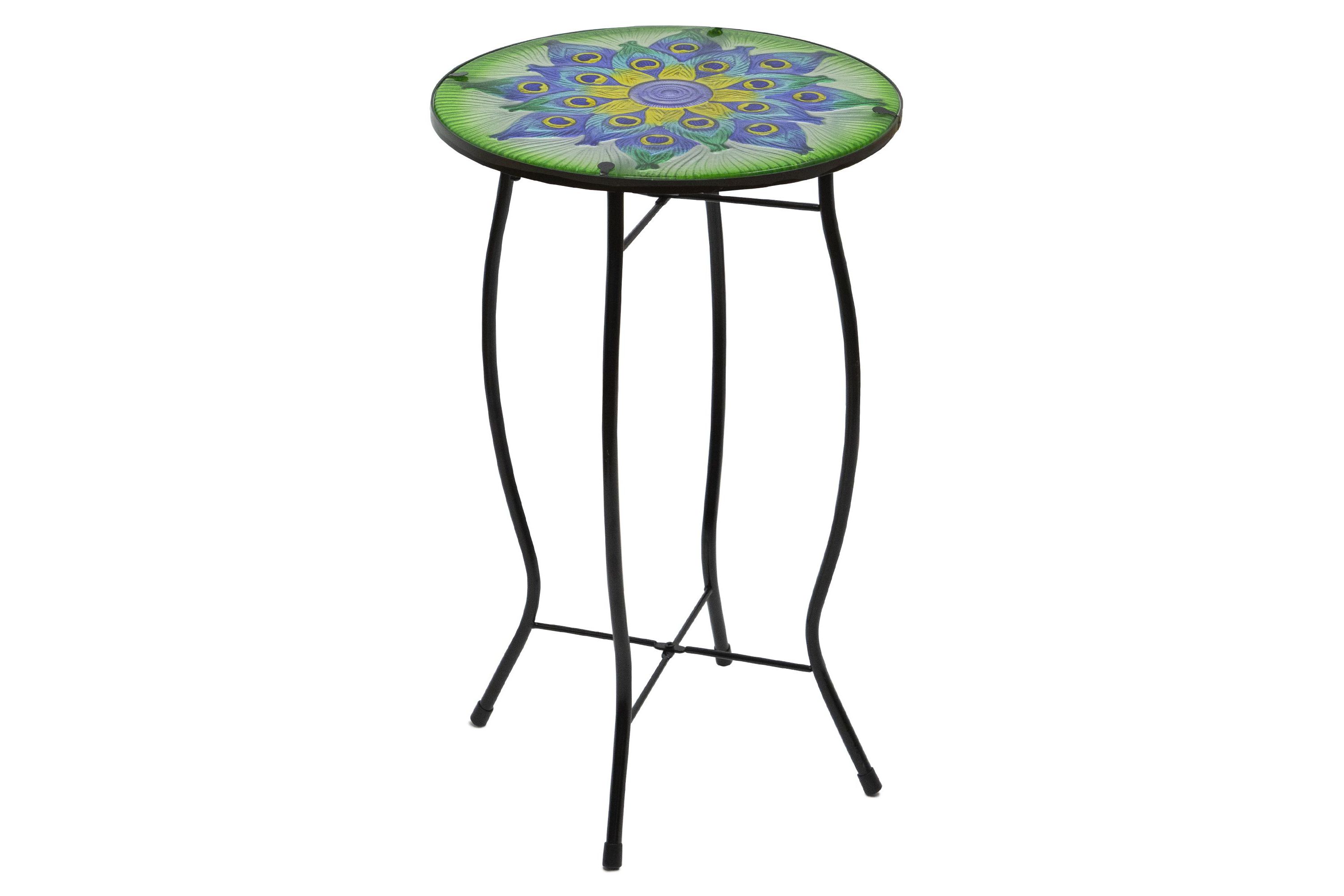 19" Green and Blue Peacock Flower Tail Glass Patio Side Table