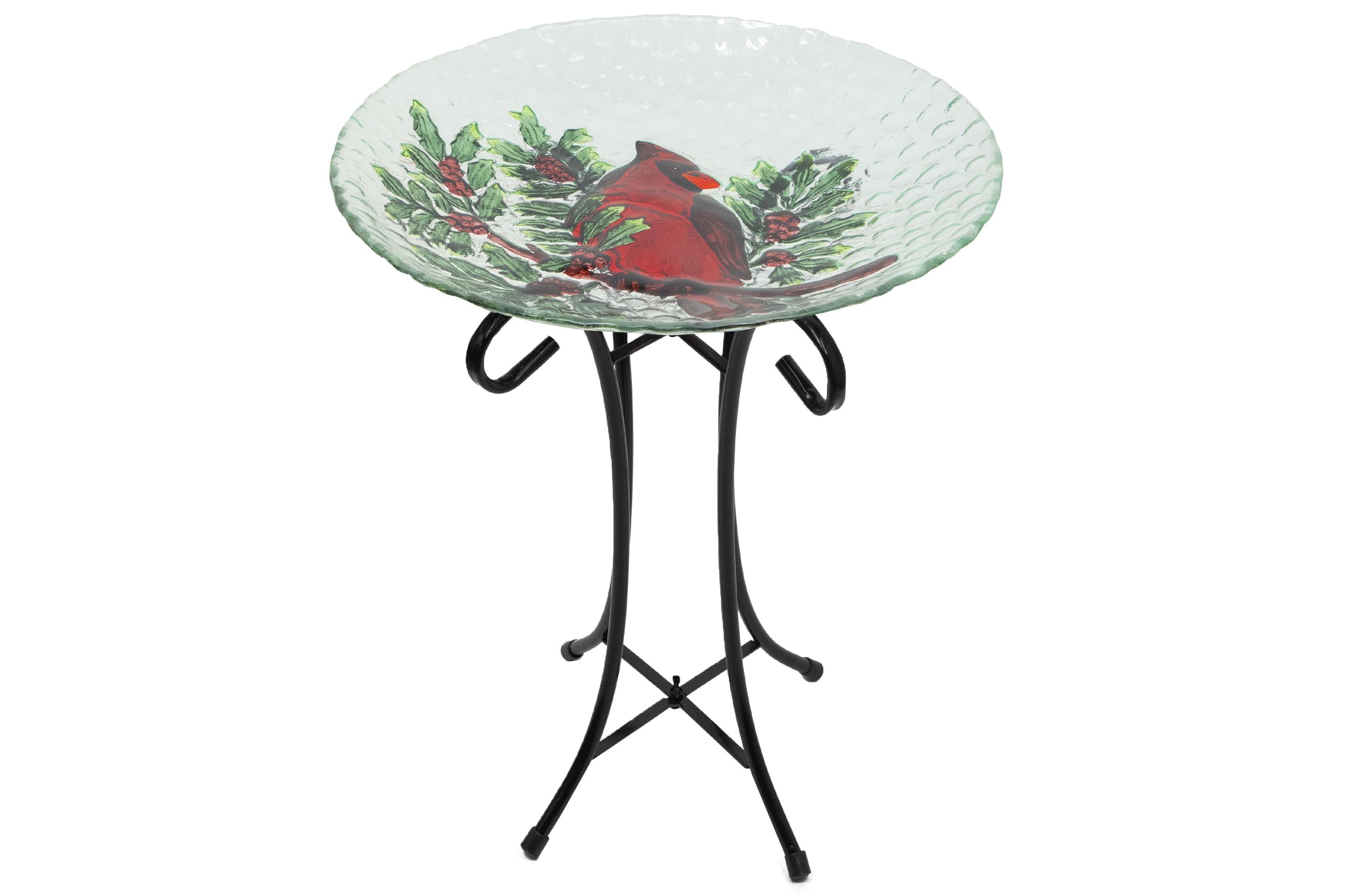 21" Red Cardinal and Pine Cone Glass Bird Bath with Stand