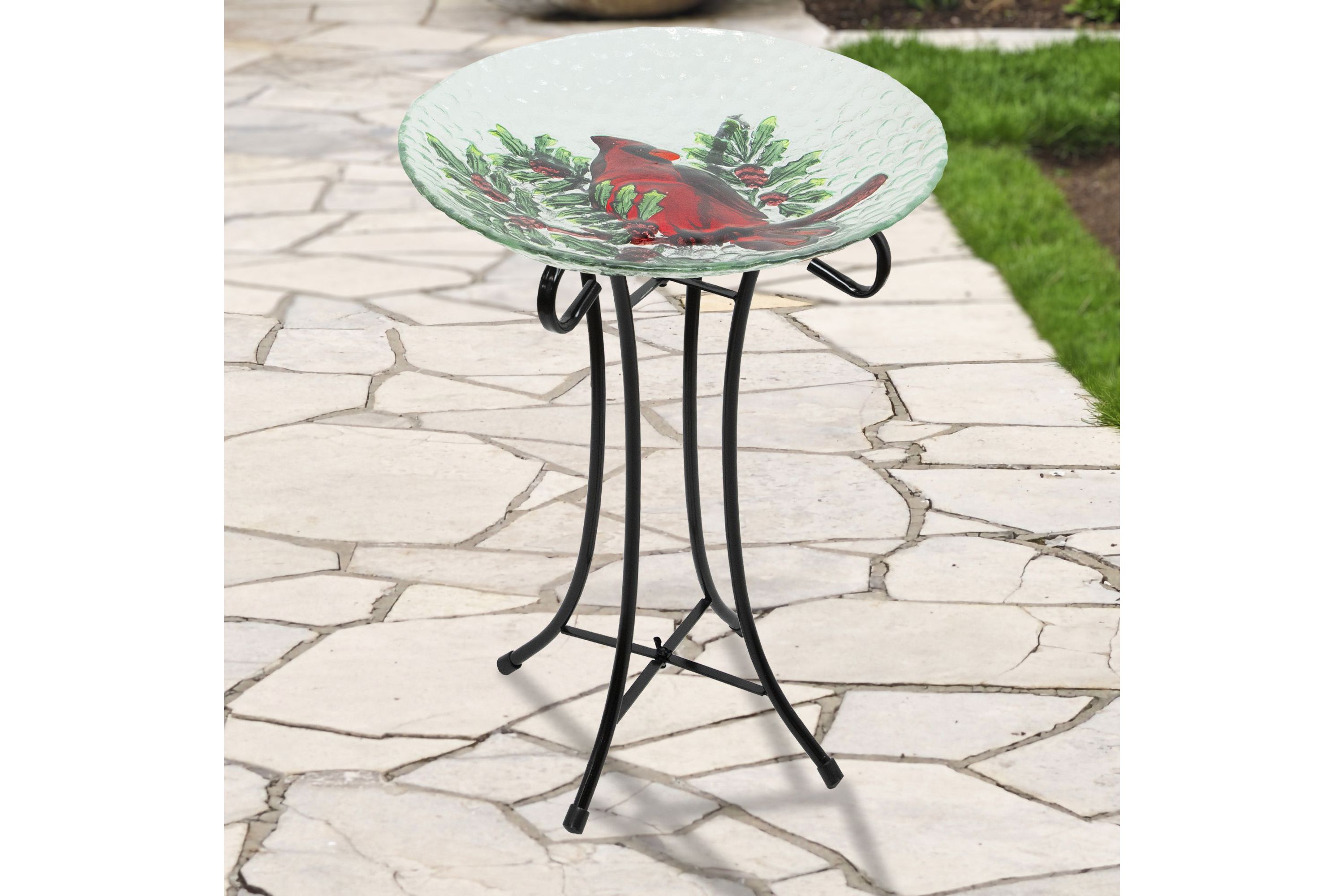 21" Red Cardinal and Pine Cone Glass Bird Bath with Stand