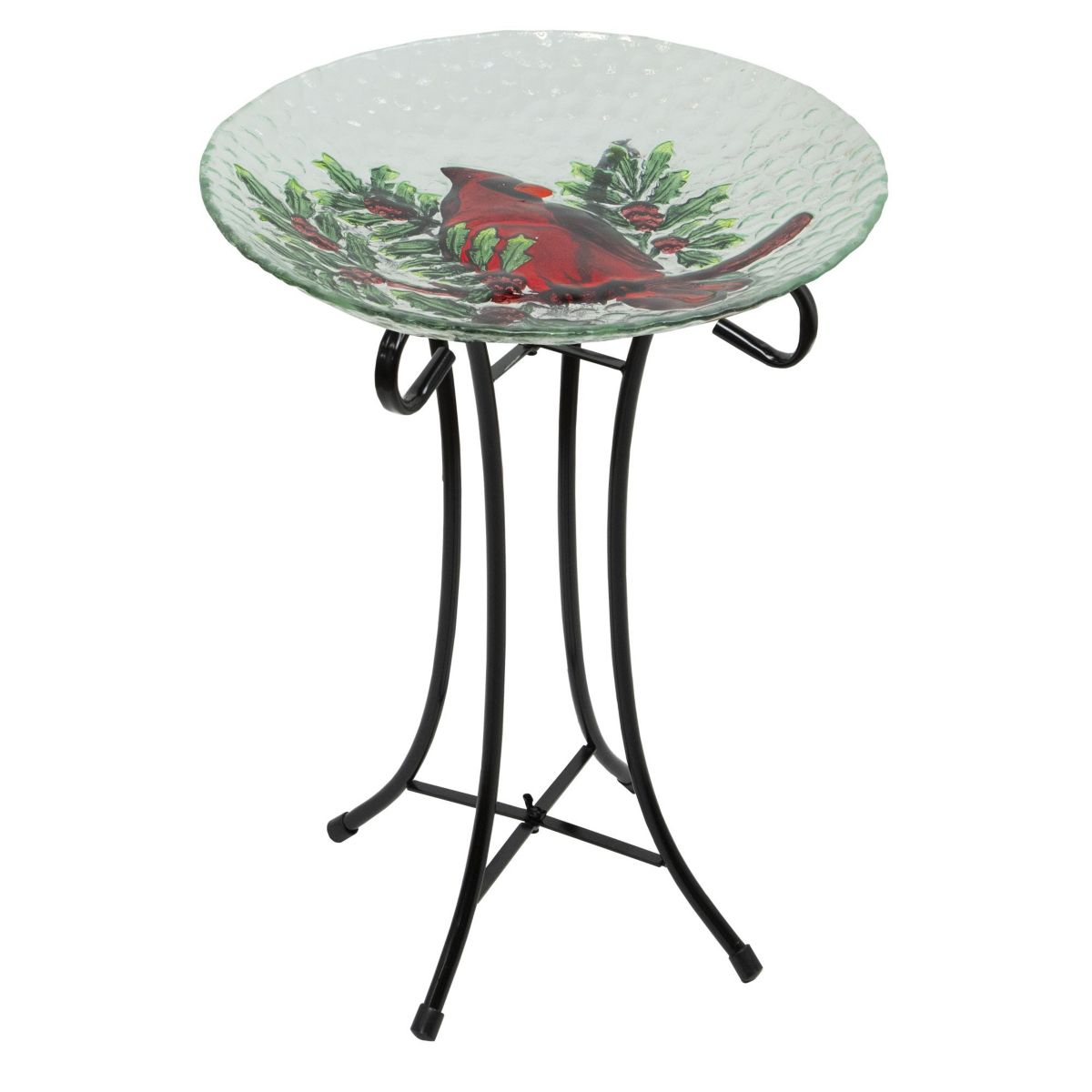 21" Red Cardinal and Pine Cone Glass Bird Bath with Stand