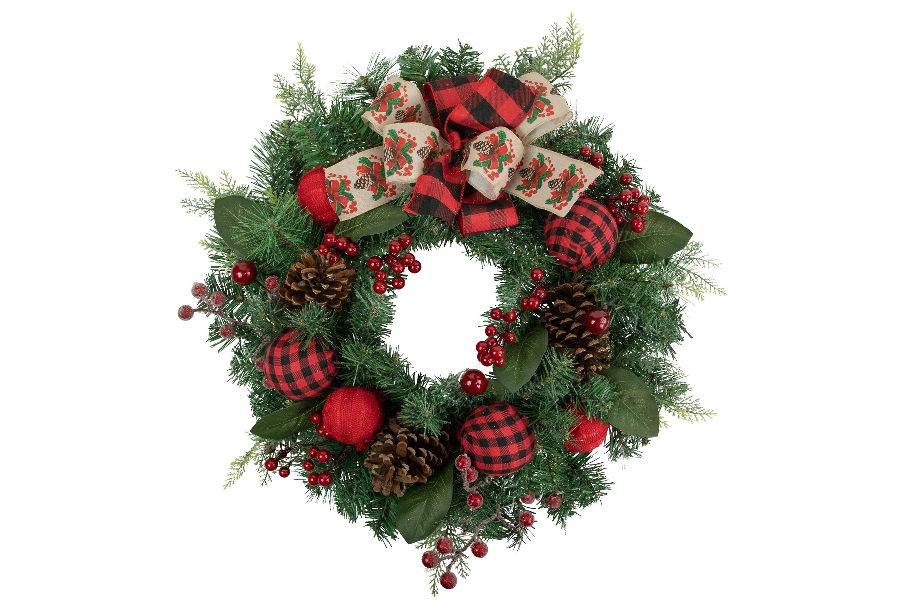 Pine Artificial Christmas Wreath with Bows and Plaid Ornaments - 24" - Unlit