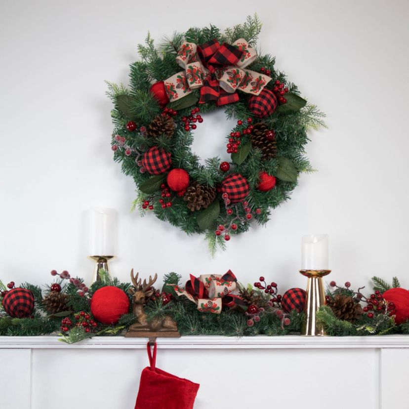 Pine Artificial Christmas Wreath with Bows and Plaid Ornaments - 24" - Unlit