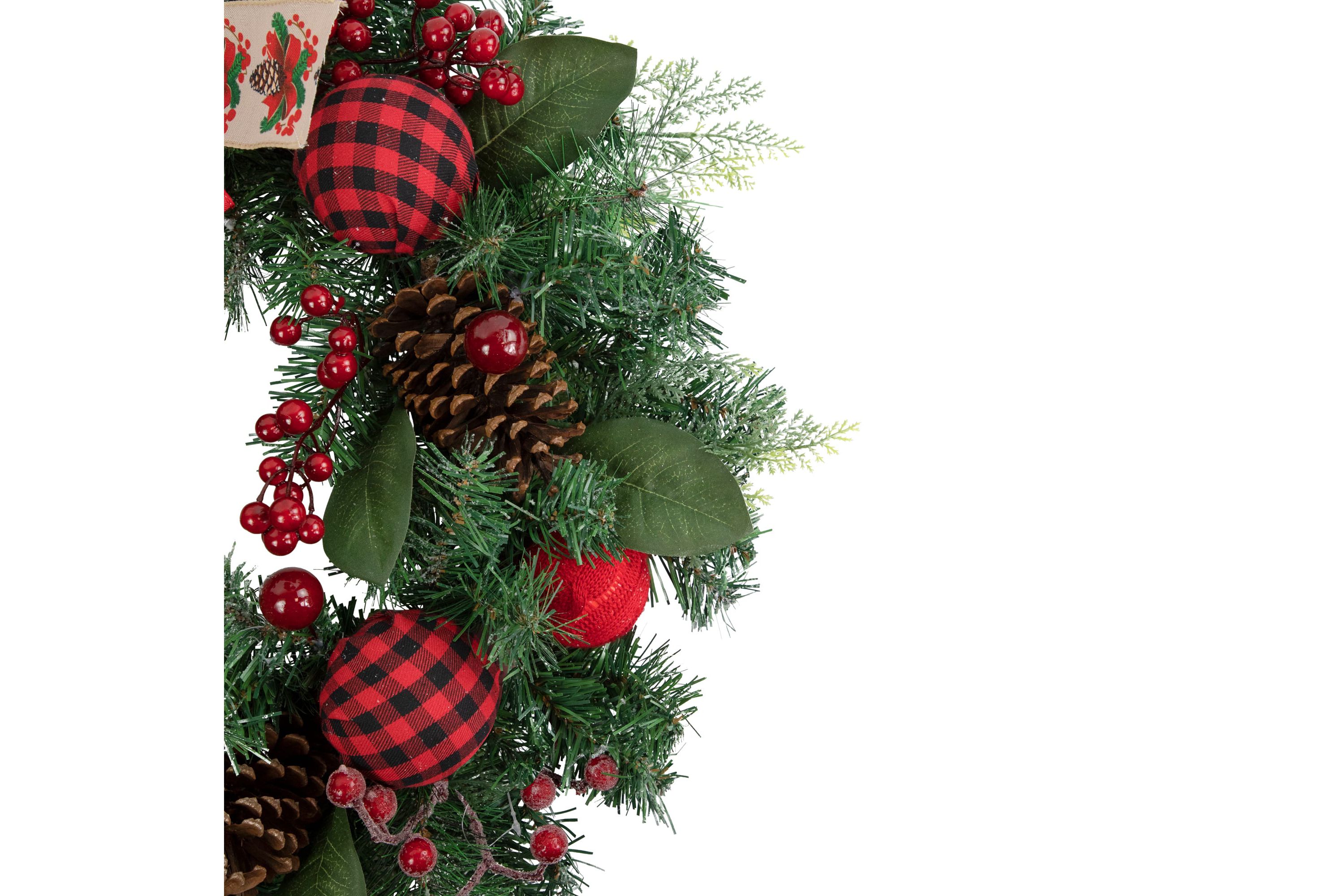 Pine Artificial Christmas Wreath with Bows and Plaid Ornaments - 24" - Unlit
