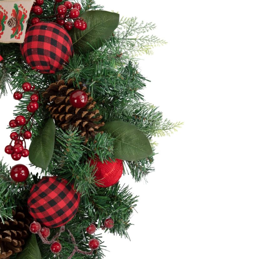 Pine Artificial Christmas Wreath with Bows and Plaid Ornaments - 24" - Unlit