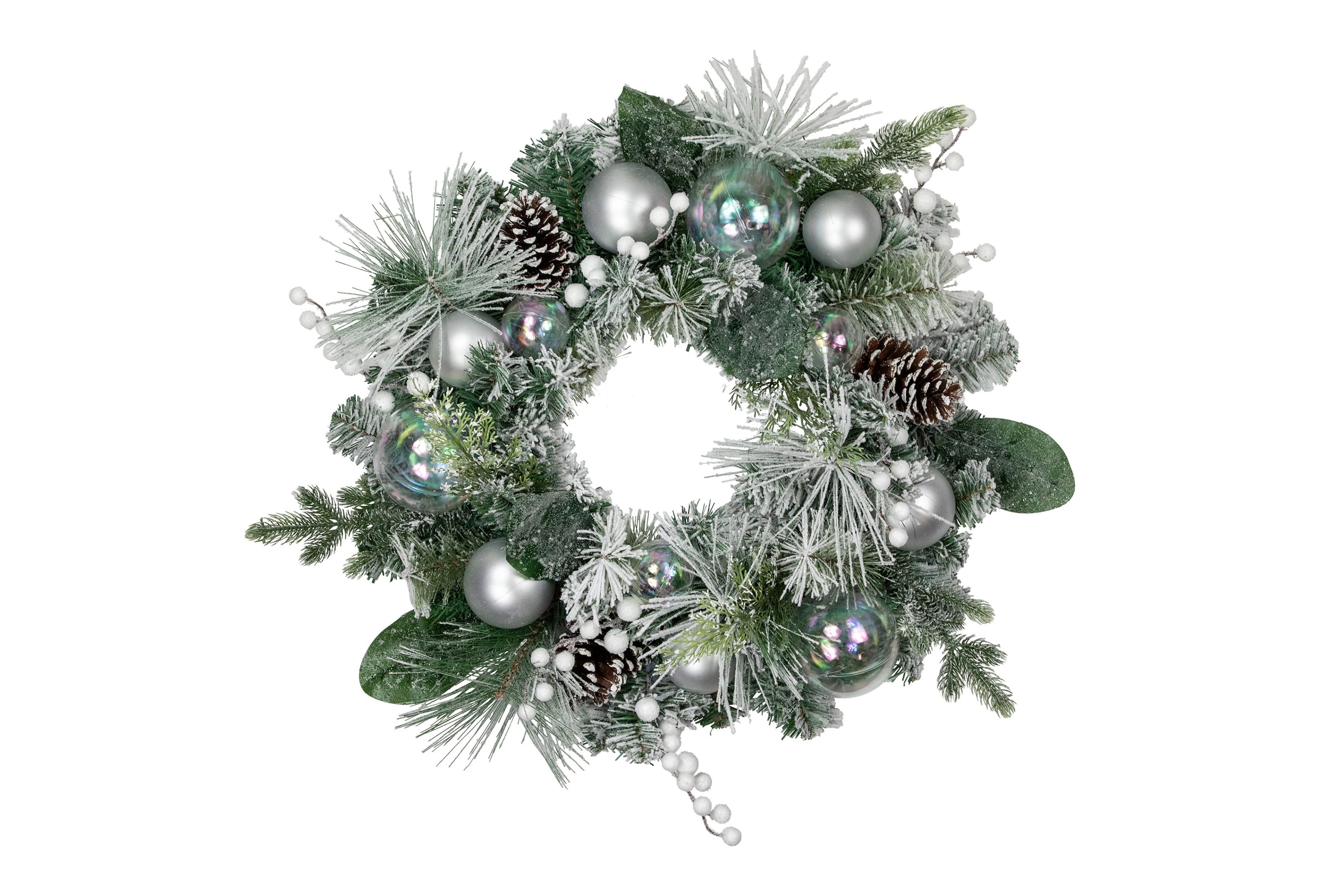 Flocked Pine Artificial Christmas Wreath with Iridescent Ornaments  24-Inch  Unlit