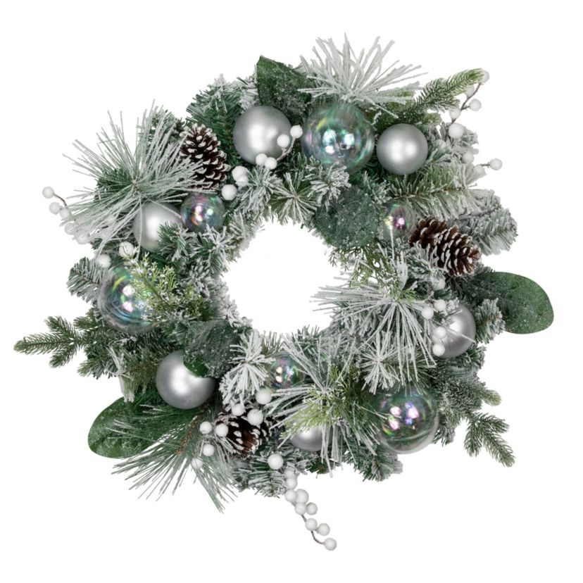 Flocked Pine Artificial Christmas Wreath with Iridescent Ornaments  24-Inch  Unlit
