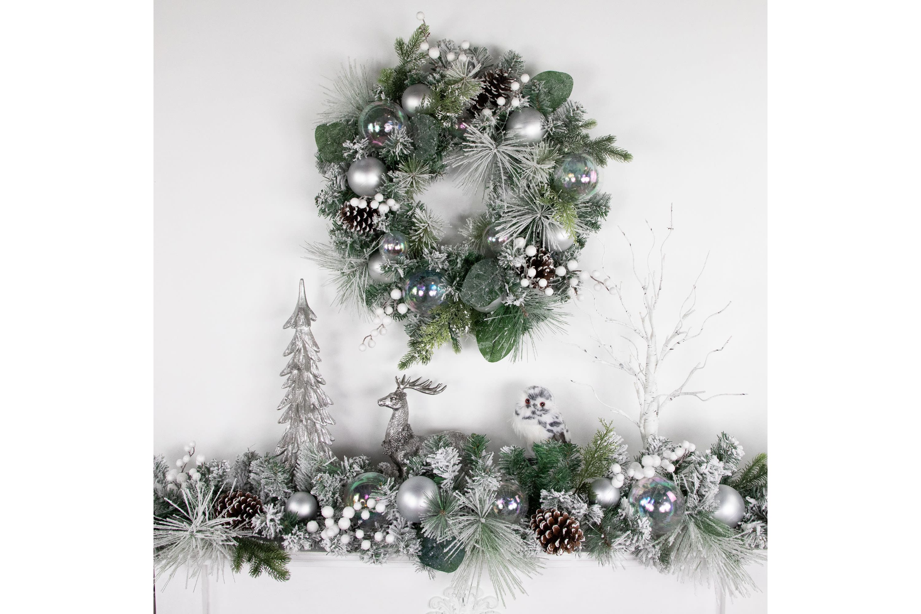 Flocked Pine Artificial Christmas Wreath with Iridescent Ornaments  24-Inch  Unlit