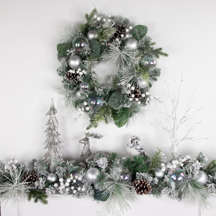 Flocked Pine Artificial Christmas Wreath with Iridescent Ornaments  24-Inch  Unlit