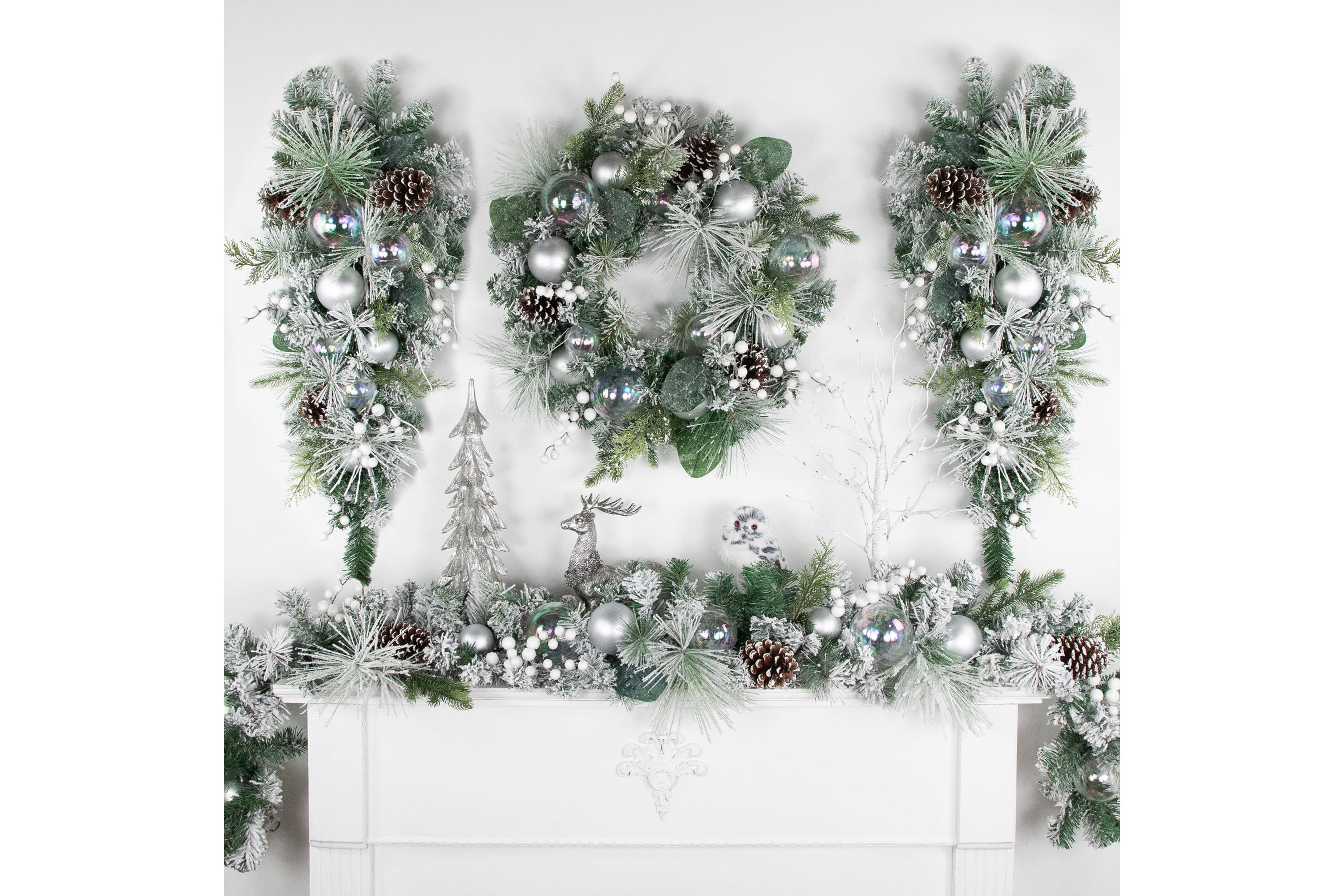 Flocked Pine Artificial Christmas Wreath with Iridescent Ornaments  24-Inch  Unlit