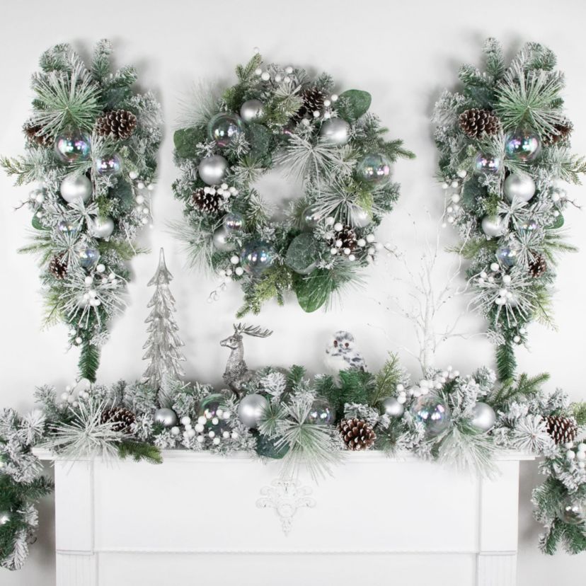 Flocked Pine Artificial Christmas Wreath with Iridescent Ornaments  24-Inch  Unlit