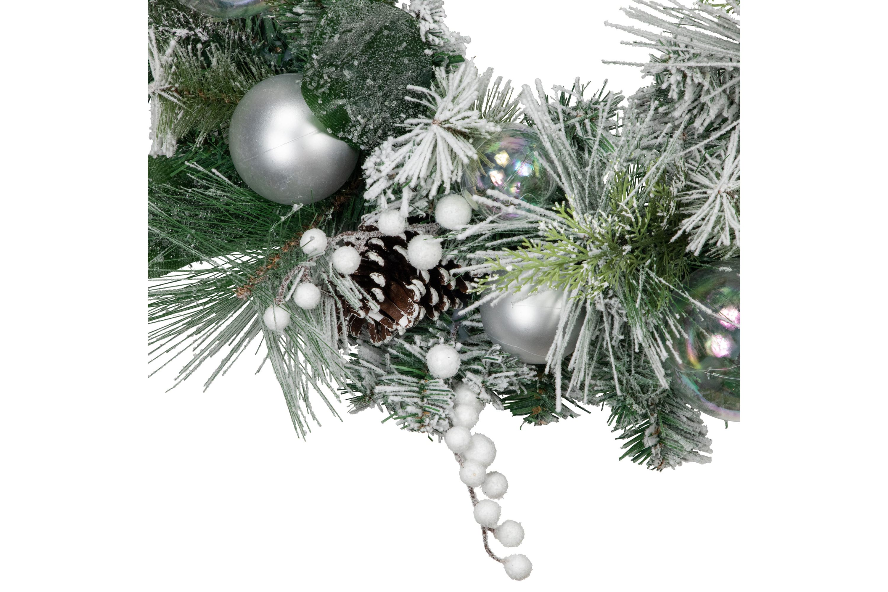 Flocked Pine Artificial Christmas Wreath with Iridescent Ornaments  24-Inch  Unlit