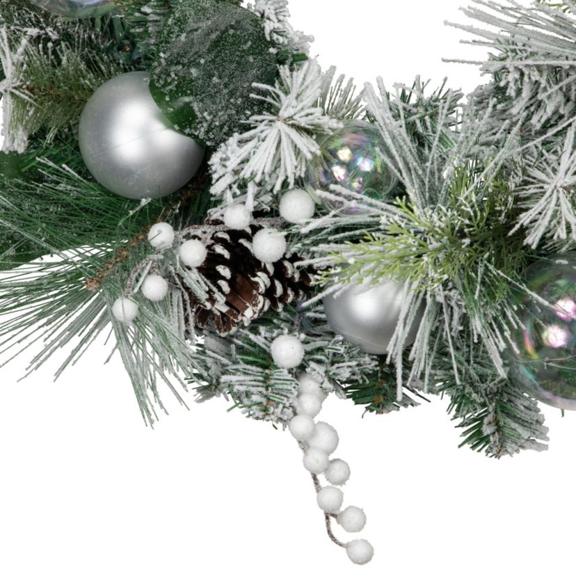Flocked Pine Artificial Christmas Wreath with Iridescent Ornaments  24-Inch  Unlit