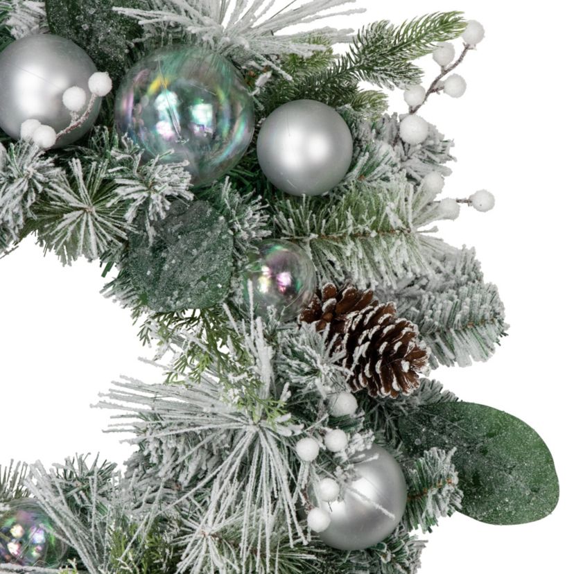 Flocked Pine Artificial Christmas Wreath with Iridescent Ornaments  24-Inch  Unlit