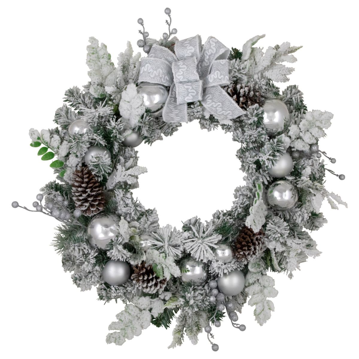 Glitter and Frosted Foliage Artificial Christmas Wreath with Bow 30-Inch Unlit