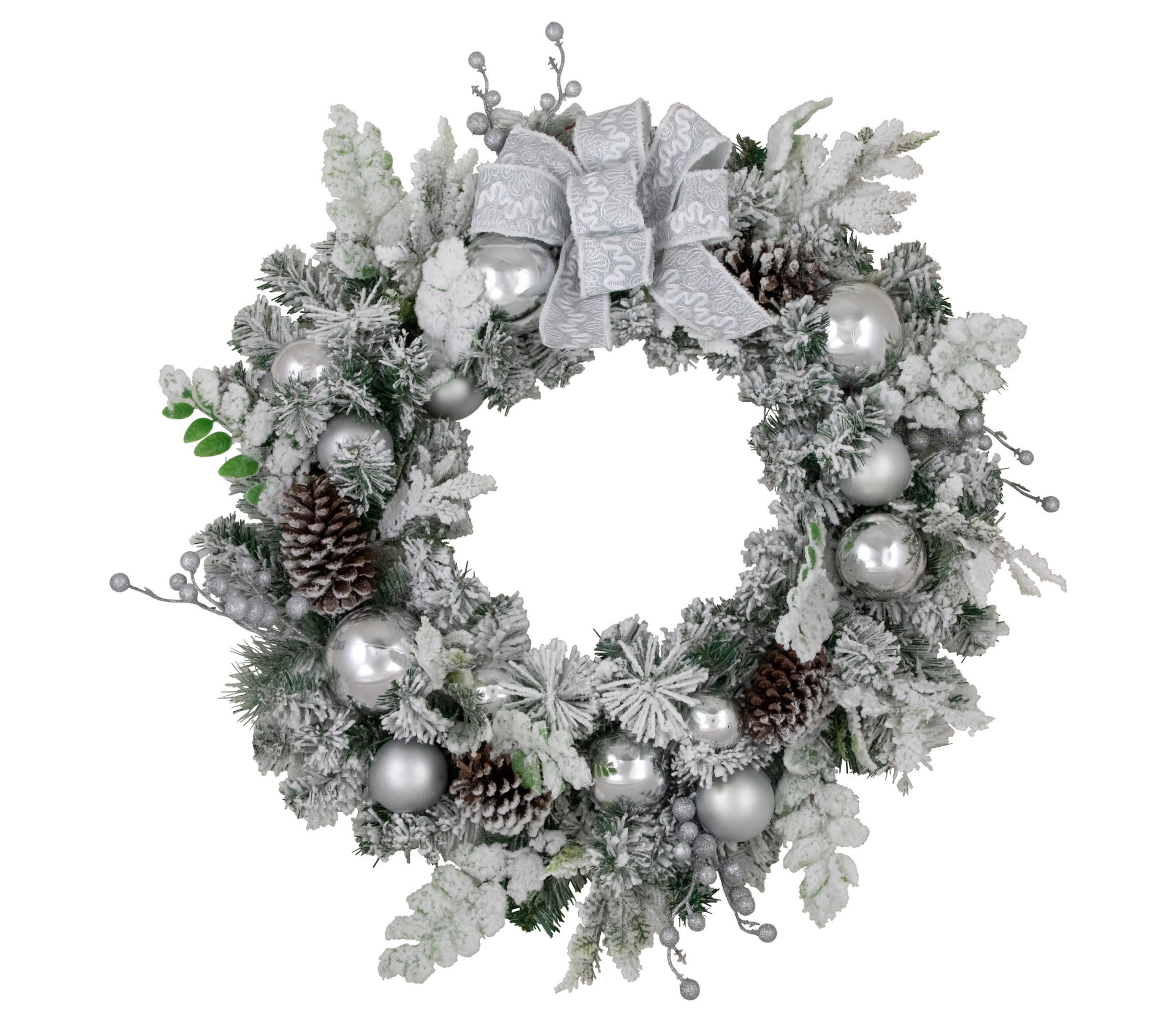 Glitter and Frosted Foliage Artificial Christmas Wreath with Bow  30-Inch  Unlit