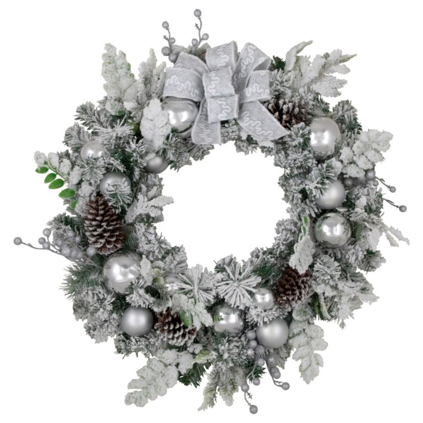 Glitter and Frosted Foliage Artificial Christmas Wreath with Bow  30-Inch  Unlit