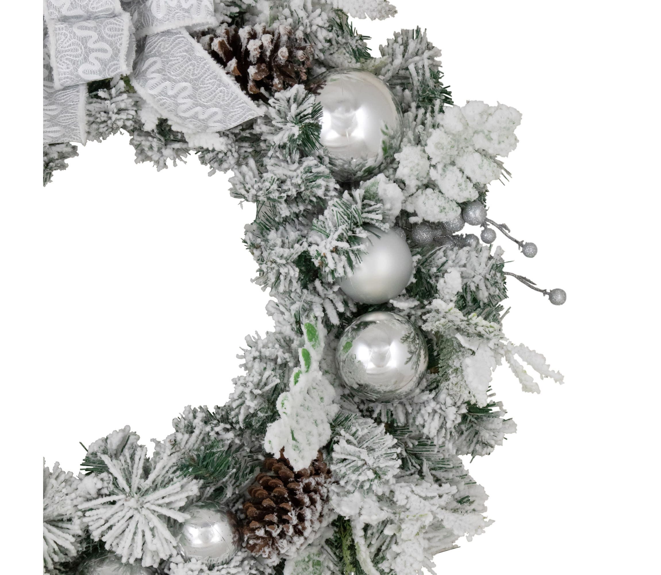 Glitter and Frosted Foliage Artificial Christmas Wreath with Bow  30-Inch  Unlit