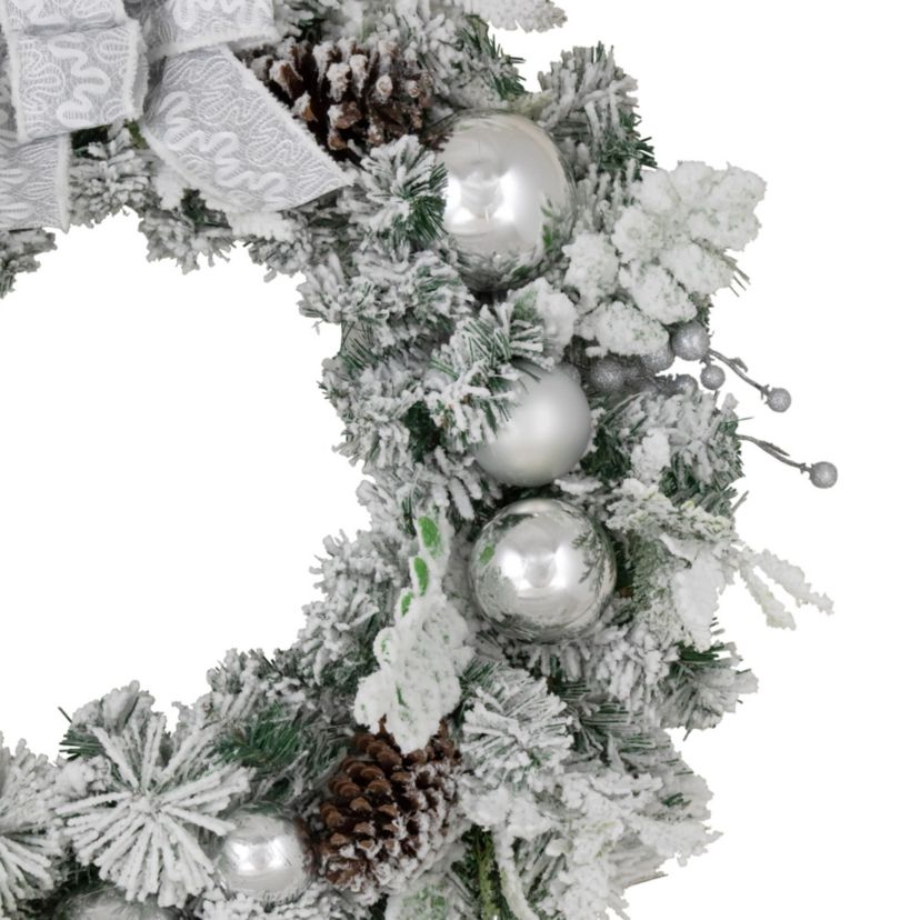 Glitter and Frosted Foliage Artificial Christmas Wreath with Bow  30-Inch  Unlit
