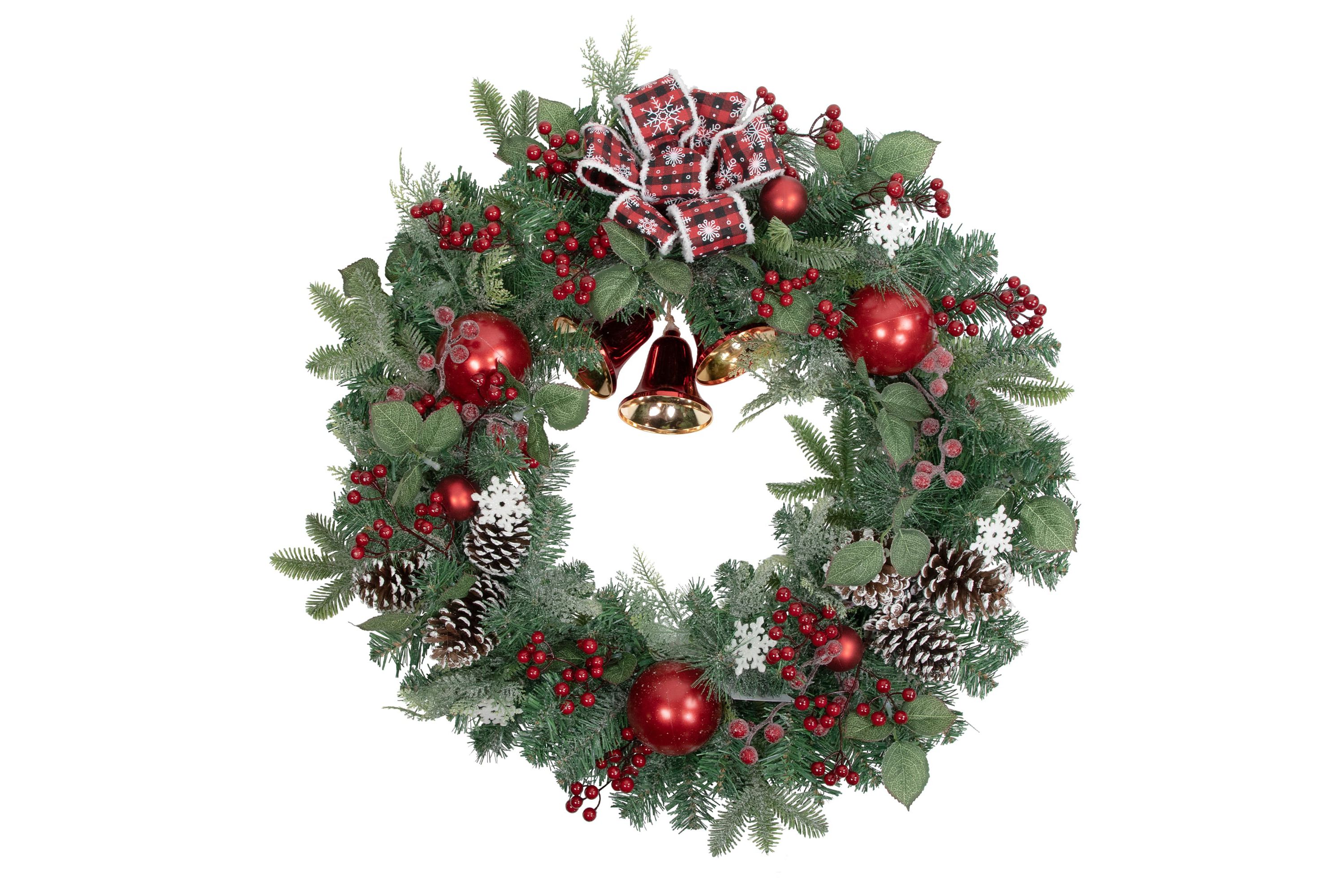 Red Bells and Mixed Foliage Artificial Christmas Wreath  30-Inch  Unlit
