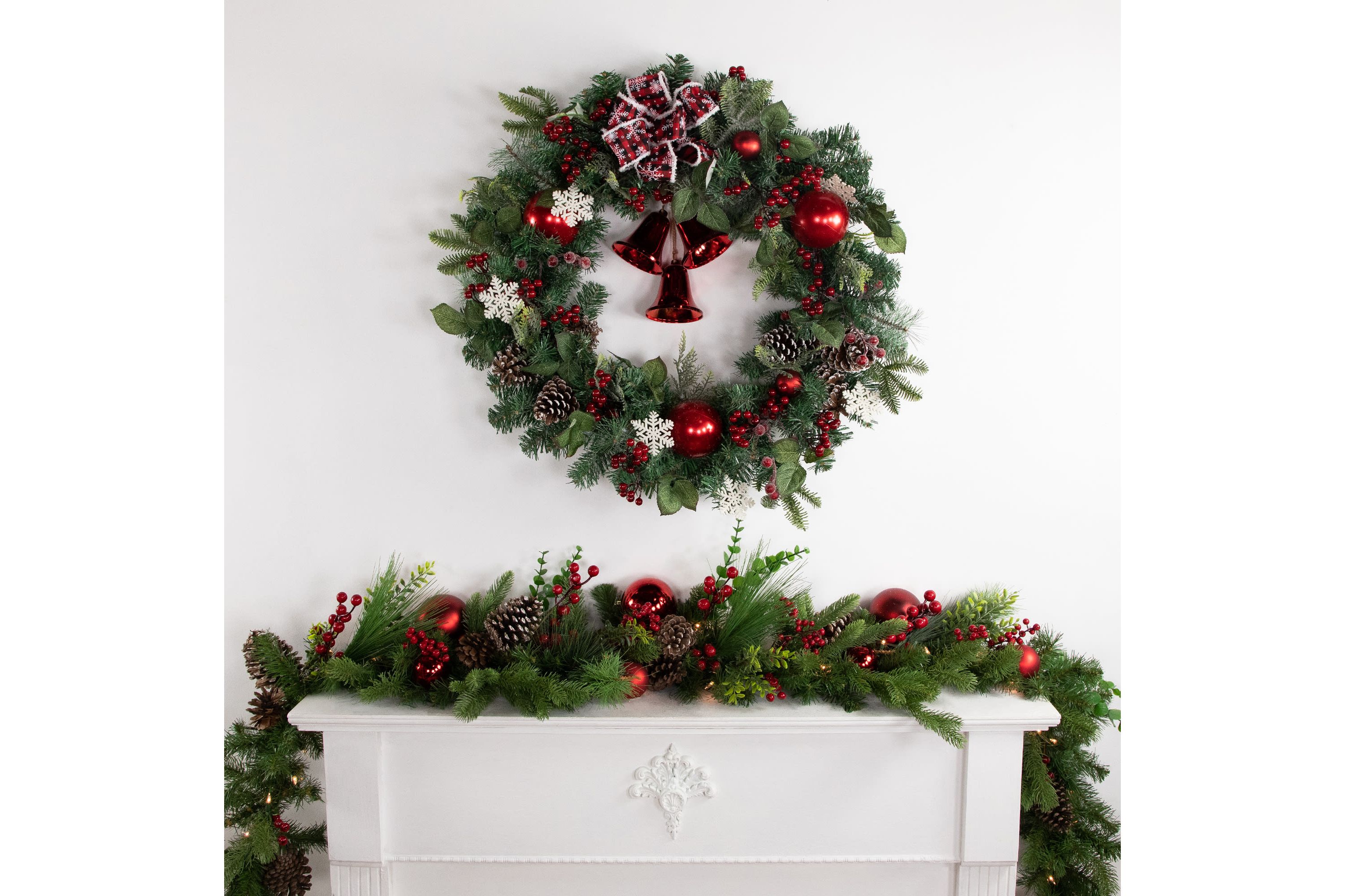 Red Bells and Mixed Foliage Artificial Christmas Wreath  30-Inch  Unlit