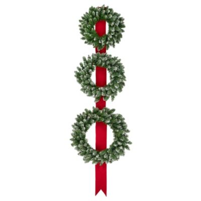 Set of 3 Pre-Lit B/O Flocked Wreaths on Red Ribbon Christmas Decoration 6.5ft