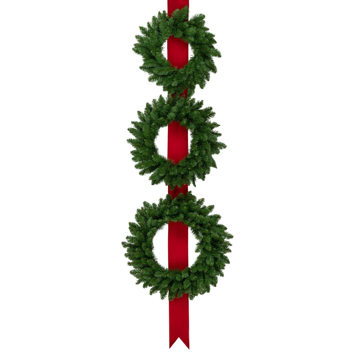 Set of 3 Wreaths on Red Ribbon Hanging Christmas Decoration 6.5ft