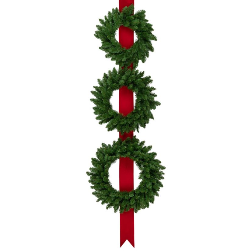 Set of 3 Wreaths on Red Ribbon Hanging Christmas Decoration 6.5ft
