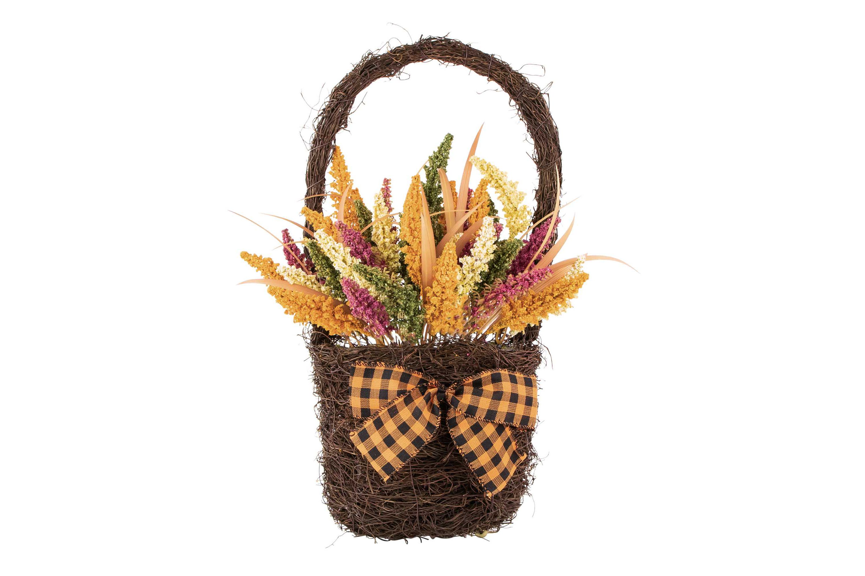 Autumn Harvest Hanging Basket with Artificial Foliage and Checkered Bow - 22"