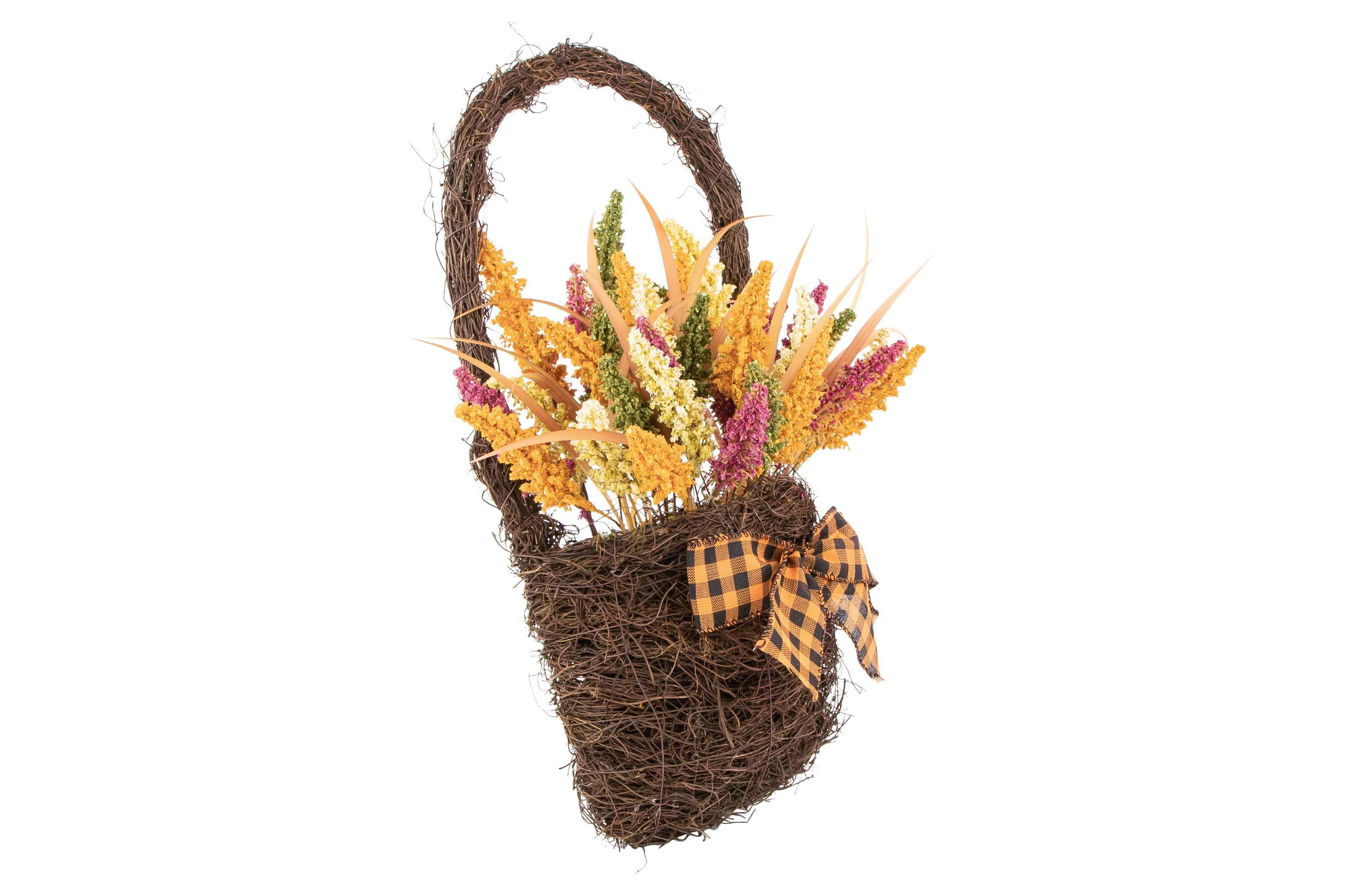Autumn Harvest Hanging Basket with Artificial Foliage and Checkered Bow - 22"