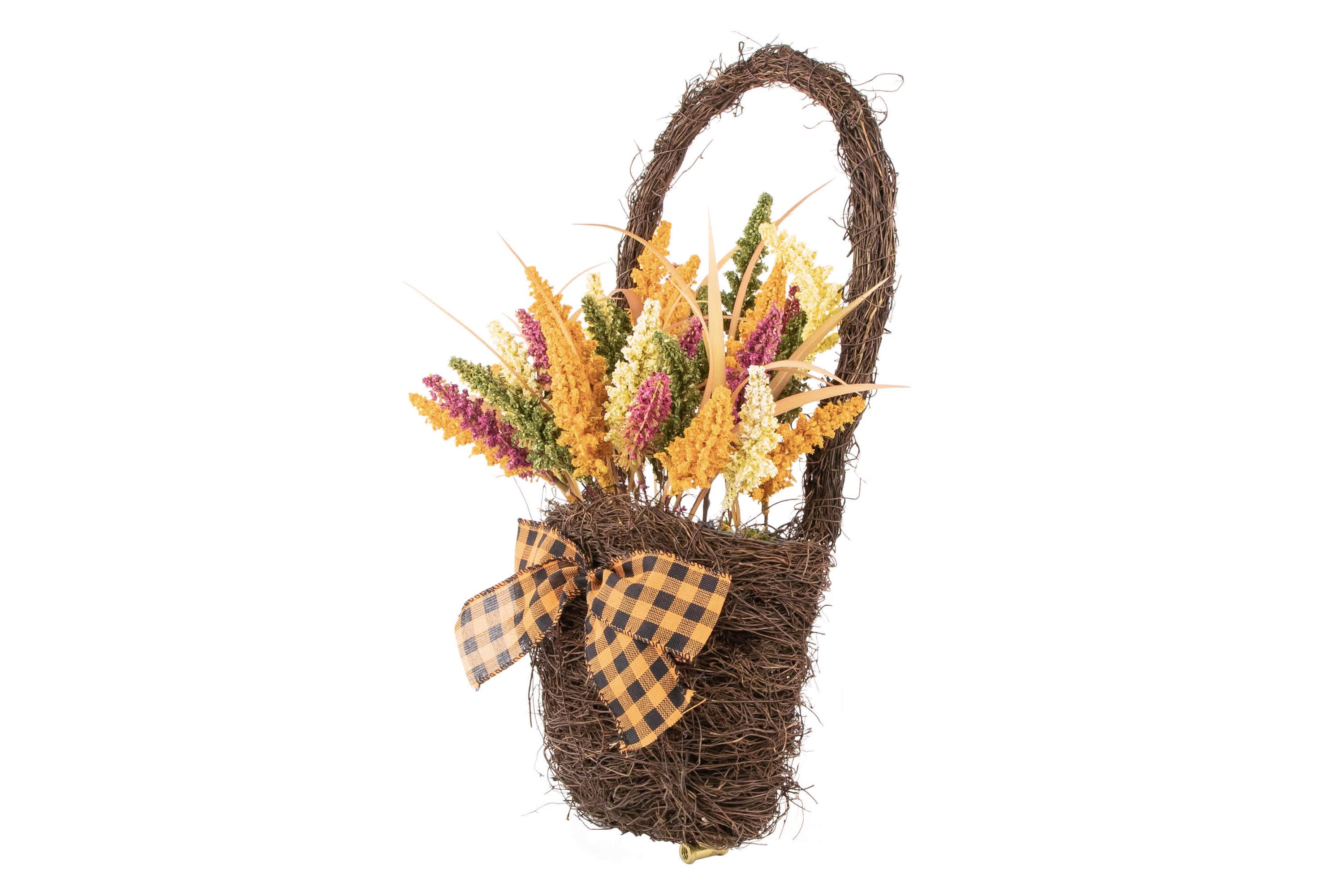 Autumn Harvest Hanging Basket with Artificial Foliage and Checkered Bow - 22"