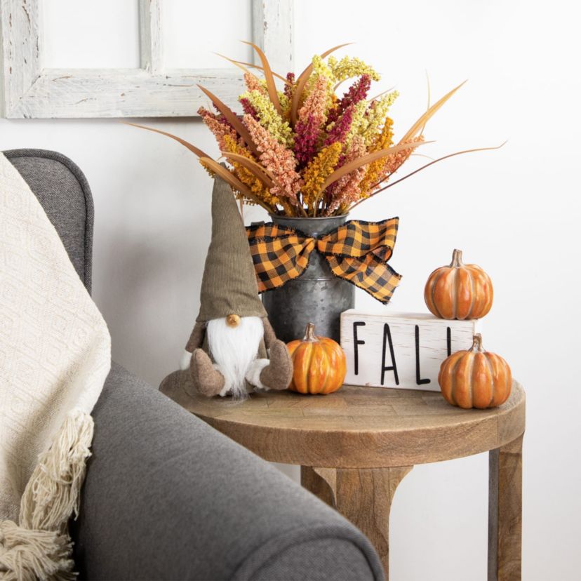 Autumn Harvest Foliage in Canister Floral Decoration with Checkered Bow - 18"