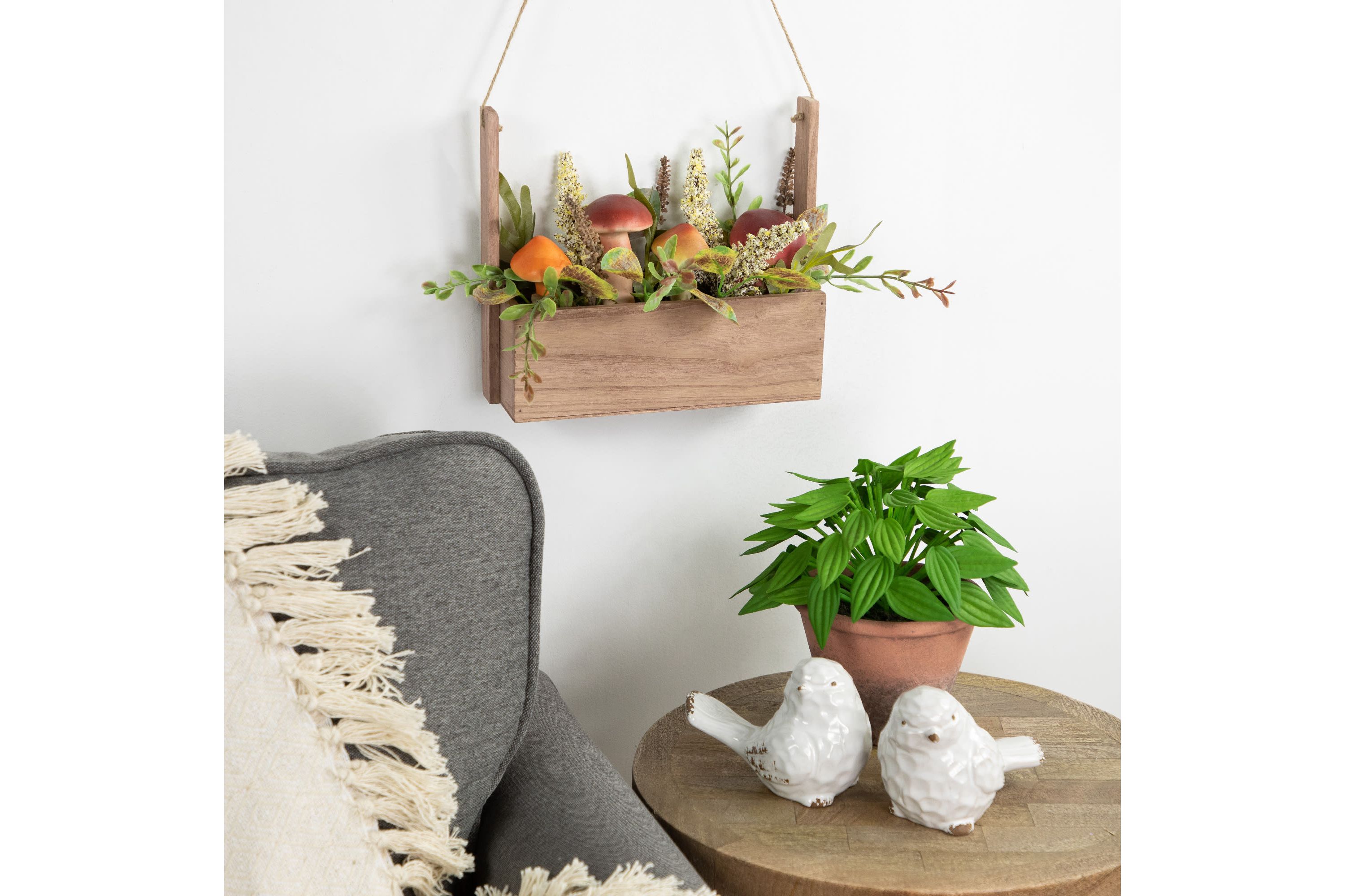 19inch Mushroom and Foliage Wooden Fall Harvest Hanging Basket