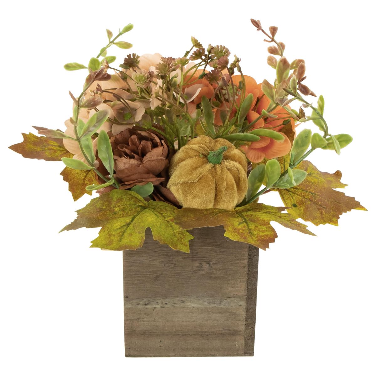 Floral and Pumpkin Wooden Box Fall Harvest Decoration - 10" x 8" - Orange and Brown