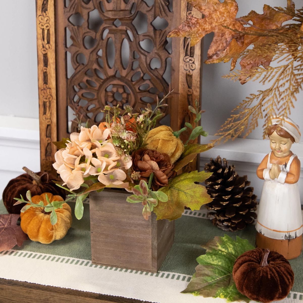 Floral and Pumpkin Wooden Box Fall Harvest Decoration - 10" x 8" - Orange and Brown