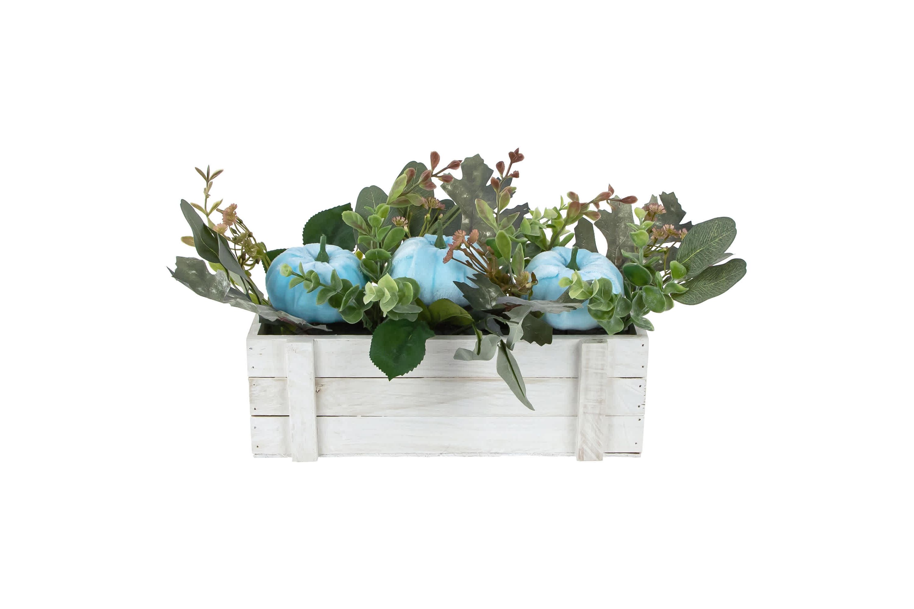 Fall Harvest Foliage and Pumpkins In Wooden Planter - 18" - Blue