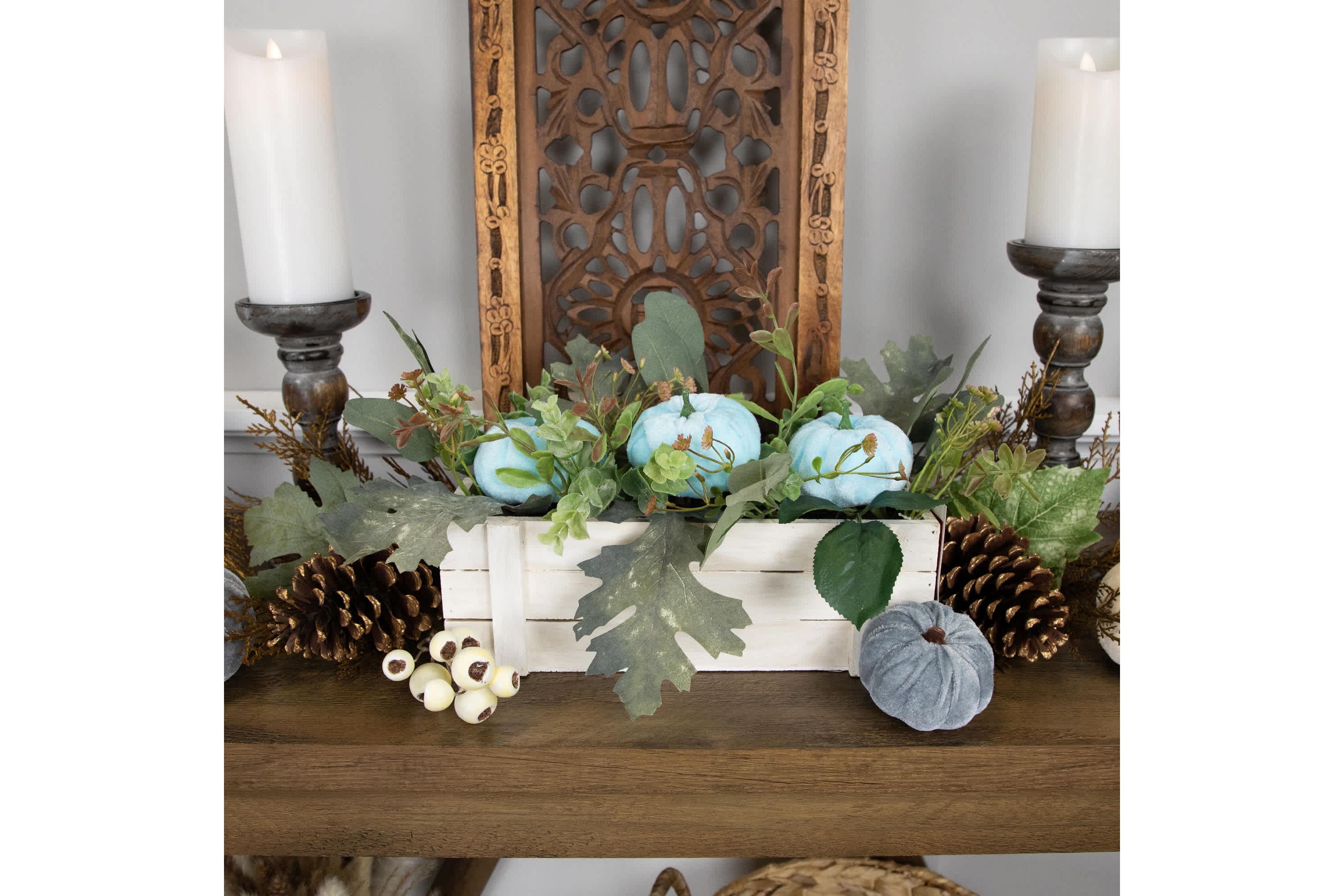 Fall Harvest Foliage and Pumpkins In Wooden Planter - 18" - Blue