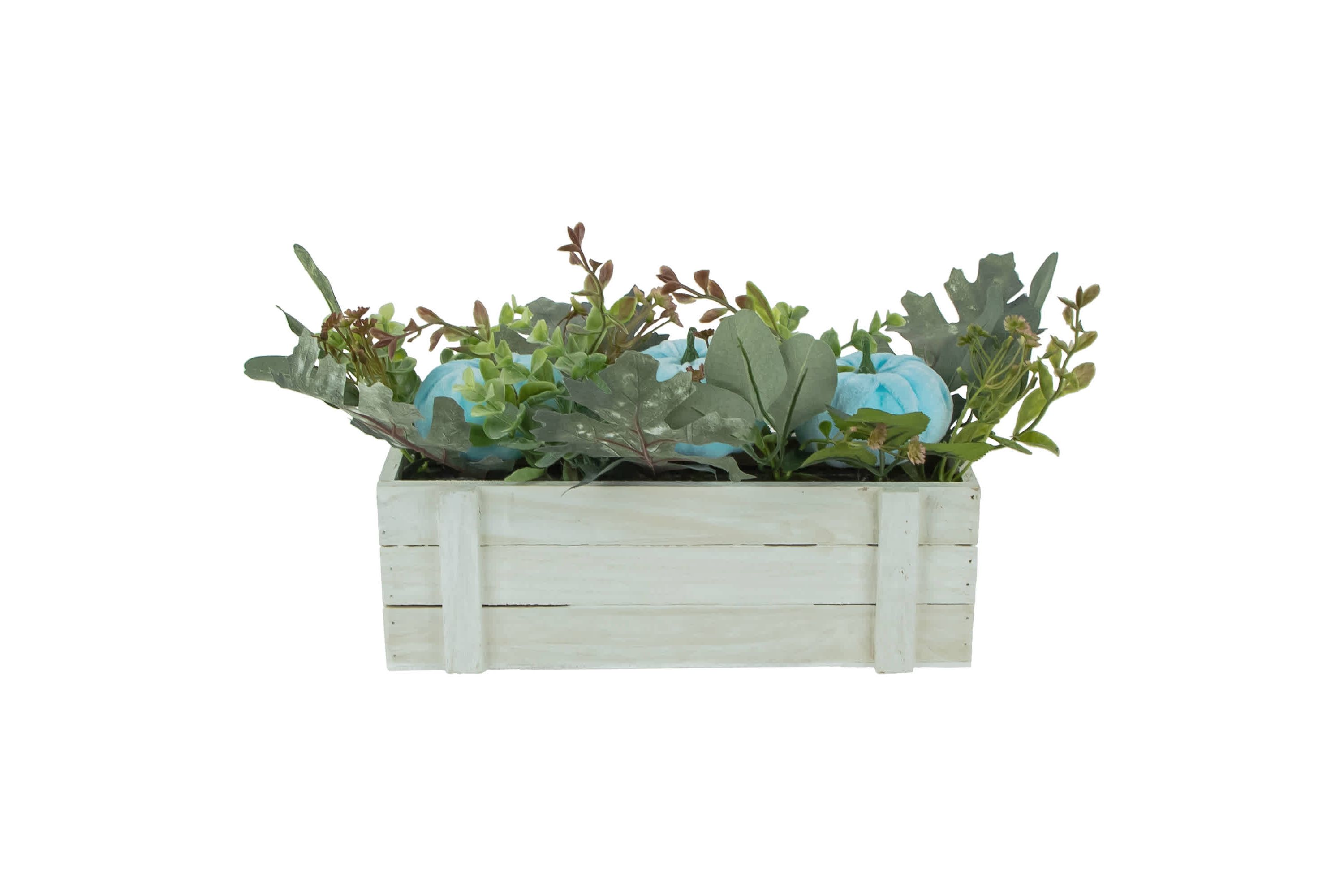 Fall Harvest Foliage and Pumpkins In Wooden Planter - 18" - Blue