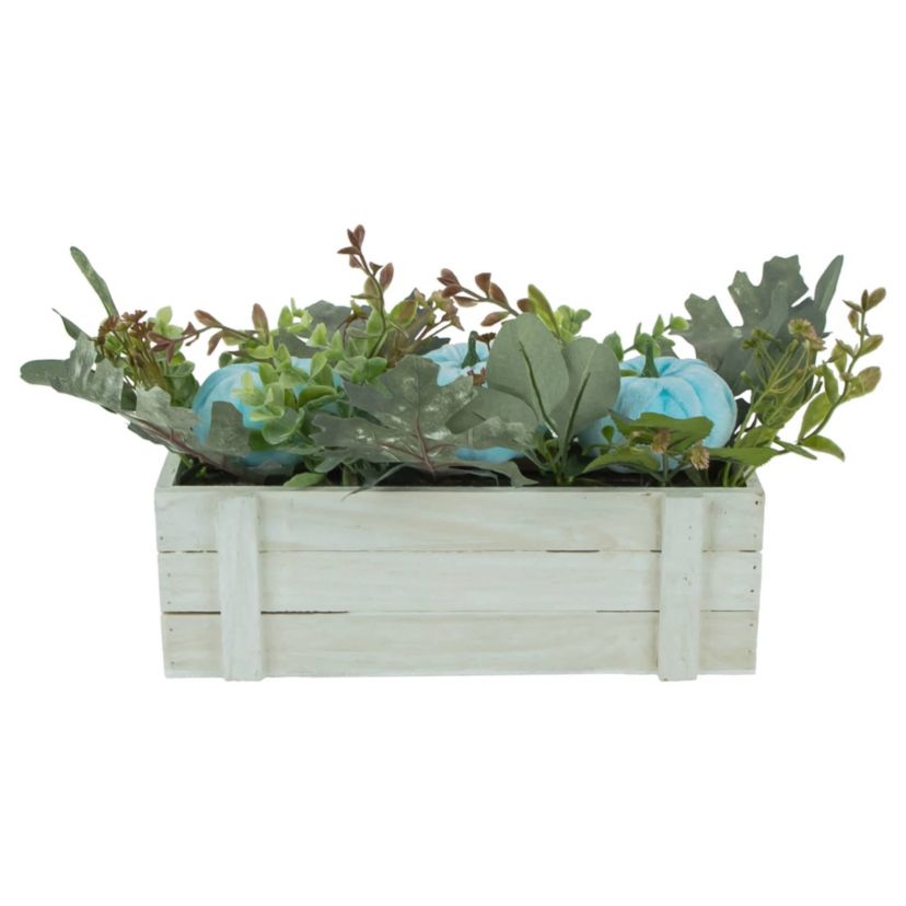 Fall Harvest Foliage and Pumpkins In Wooden Planter - 18" - Blue
