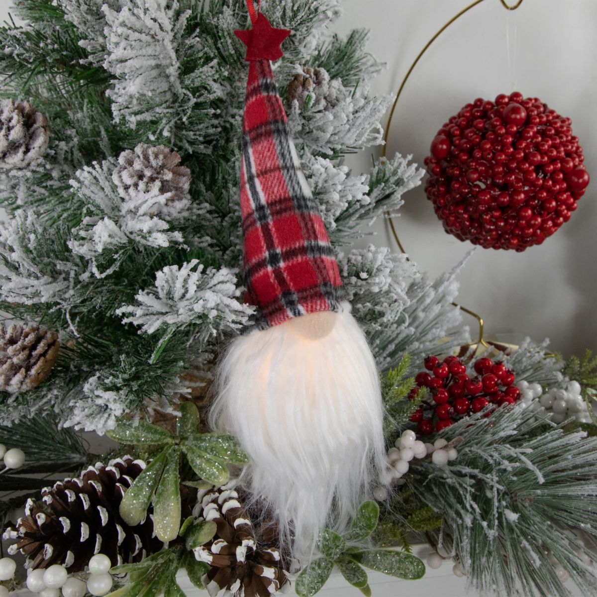 9inch LED Lighted Red Plaid Gnome Christmas Ornament