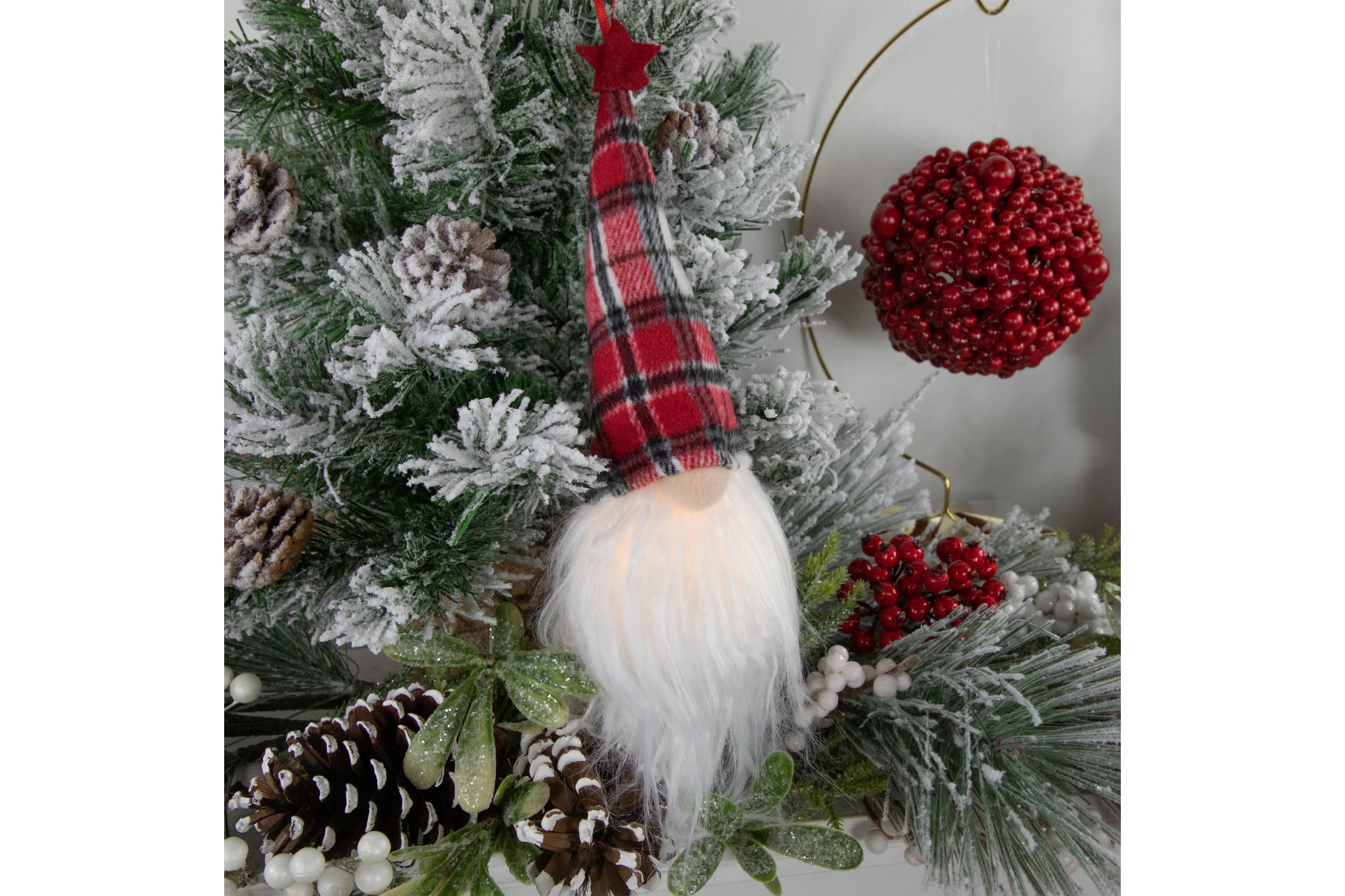 9inch LED Lighted Red Plaid Gnome Christmas Ornament